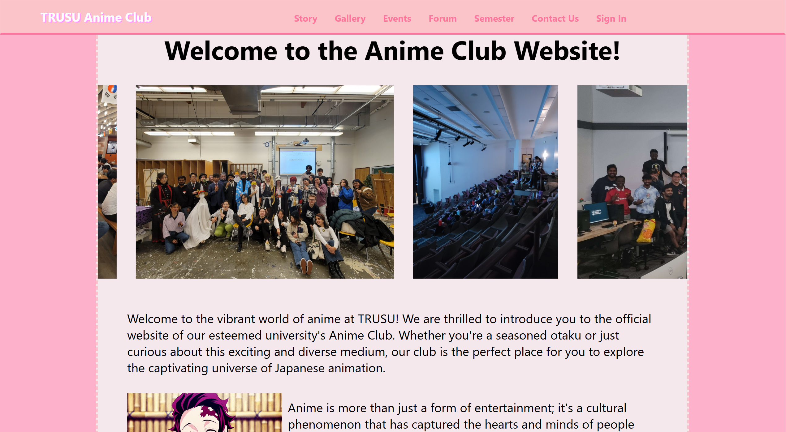 A screenshot of the main menu of the Anime Club Website featuring events and the club members