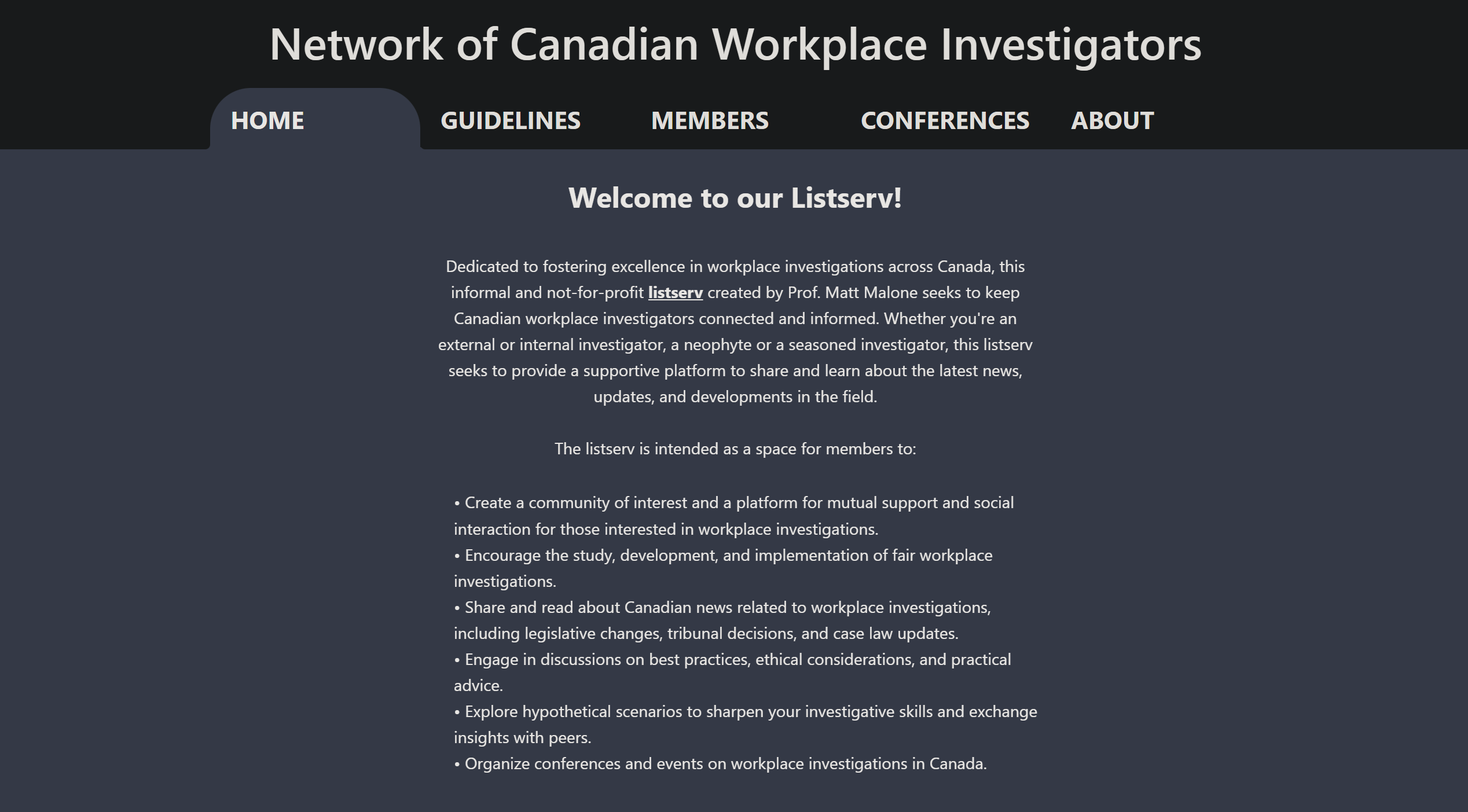 An image of the main menu of Network of Canadian Workplace Investigators